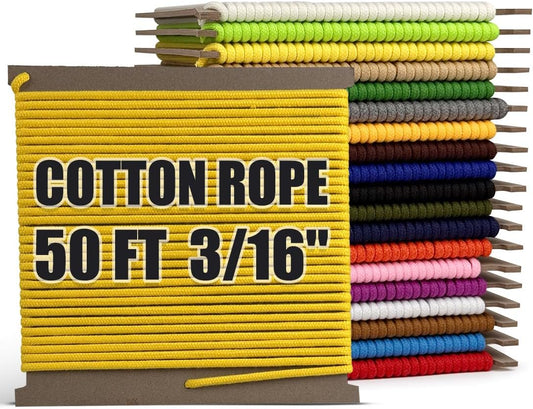 PerkHomy Cotton Rope 3/16" (5mm) 50 ft Multi Purpose Utility Diamond Braided Cord, Natural Cotton for Clothes Line Camping Crafting Flag Pole, Lemon Yellow