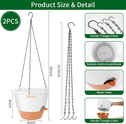 GARDIFE Hanging Planter, 10 inch Hanging planters for Indoor. Outdoor Plants, Self Watering Plant Pot, 2 Pack Large self Watering Hanging Planter, White