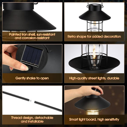 Retisee 4 Pcs Hanging Solar Light 31" Outdoor Solar Lamp Lanterns with Dual Use Shepherd Hook Waterproof Pathway Hanging Lights Metal Garden Lantern for Path Patio Yard Lawn Driveway Markers (Black)