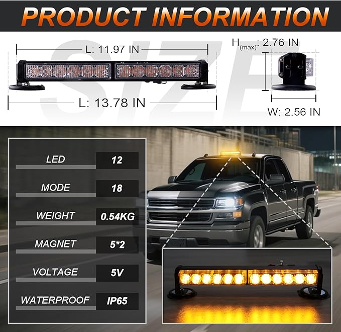 Amber Emergency Strobe Light, Rechargeable Wireless Magnetic Flashing Safety Beacon Trailer Lamp, 12 LED Vehicle Warning Light, for Trucks, Tractors, Vehicles