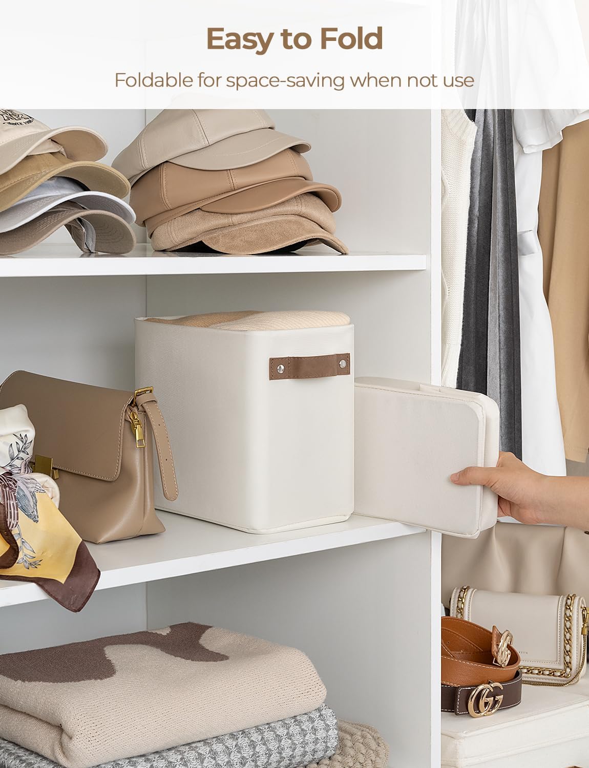 StorageWorks Narrow Storage Bins, Small Basket for Closet and Shelves, Rectangular Fabric Organizer with Handles, Toilet Paper Storage, Beige, 2-Pack