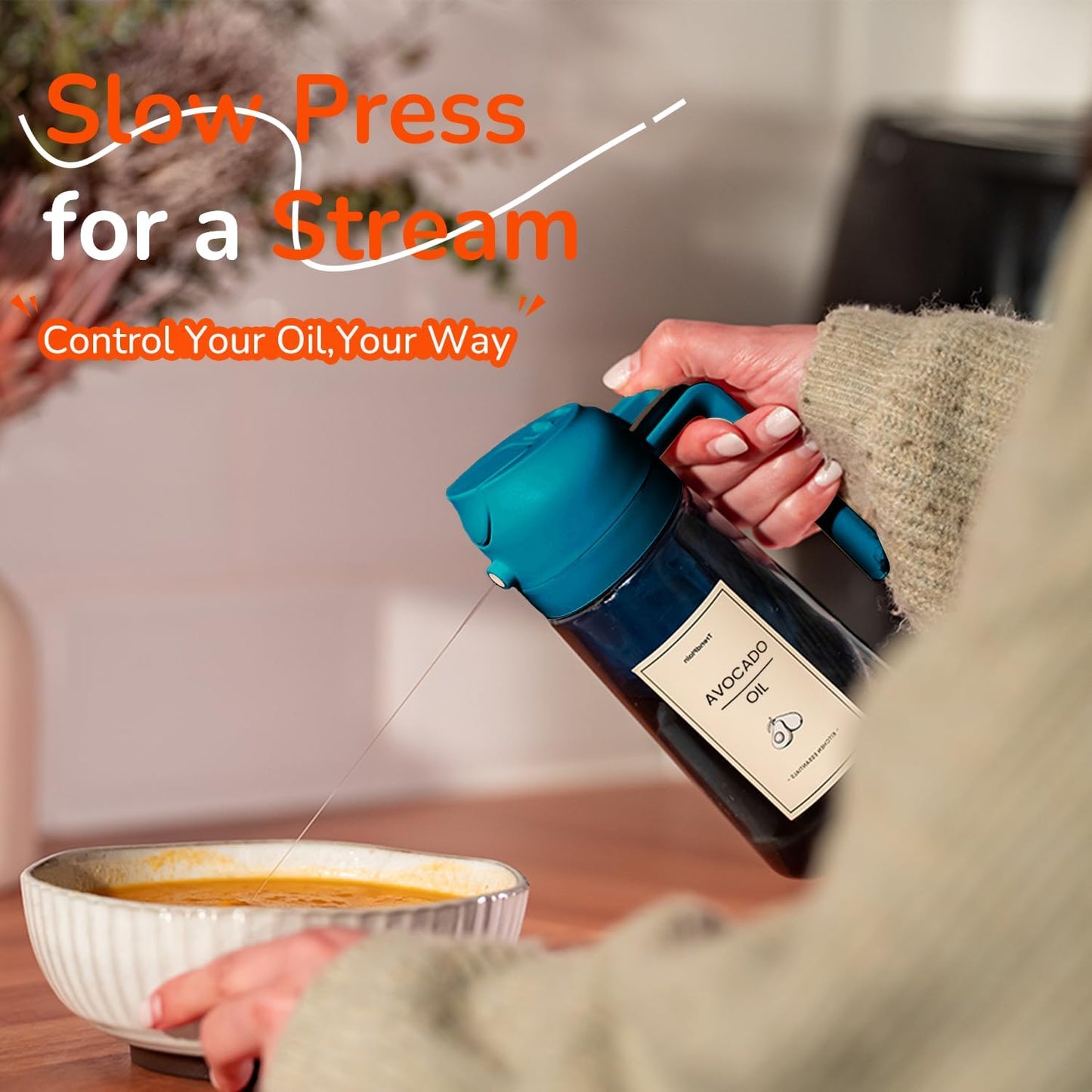 TrendPlain 16oz/470ml Blue Glass Olive Oil Sprayer for Cooking - 2 in 1 Olive Oil Dispenser for Kitchen Gadgets, Air Fryer, Salad, and BBQ - Navy