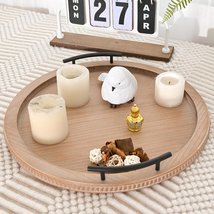 SwallowLiving 18Inch Brown Wooden Beaded Serving Tray with Handle Decorative Rustic Tray for Coffee Table Farmhouse Round Trays for Kitchen, Living Room and Bedroom