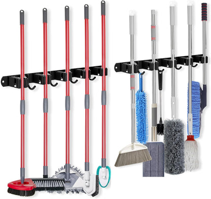voze [2 Pack] 5 Racks and 4 Hooks Mop and Broom Holder Wall Mount, Self Adhesive Heavy Duty Broom Organizer Storage Tool Racks for Kitchen Garden Laundry Garage Black