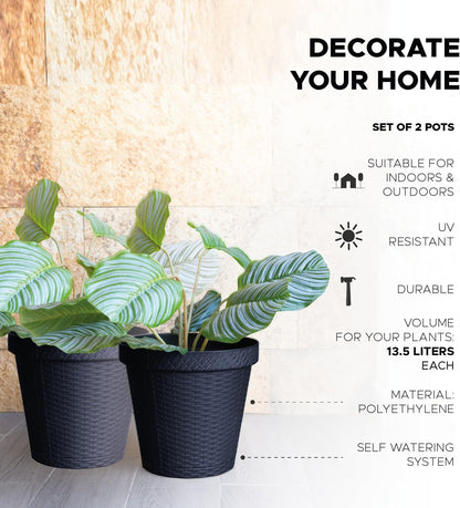 Elly Décor Set of 2 12 inch Round Saucer Modern Self Watering Planter Plates, Pots with Rattan-Like Finish, 12x12 Gray