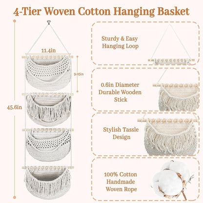4 Tier Hanging Fruit Basket for Kitchen, 4 Pack Detachable Cotton Crocheted Wall Hanging Baskets Shelf Over Door Organizer for Fruit Veggie Plant, Hanging Storage Basket for Bathroom Bedroom(Beige)