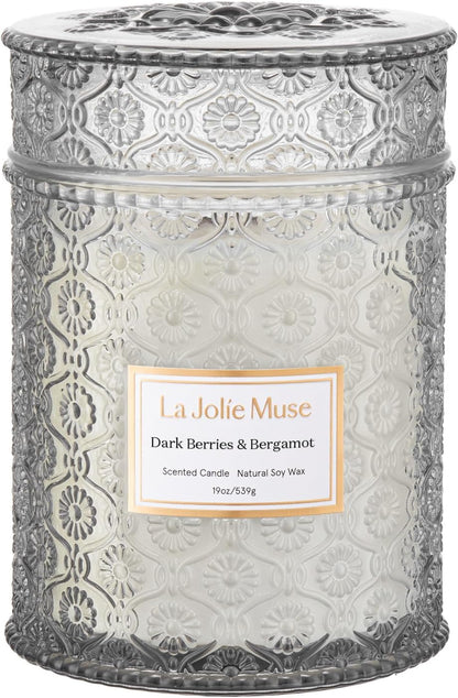 LA JOLIE MUSE Dark Berries & Bergamot Candle - Berries, Grape, Caramel | 19 oz Large Wooden Wick Candle | Natural Soy Wax | 90 Hours Clean Burn | Gift-Ready for Hosts & Gatherings | Elegant Home Décor