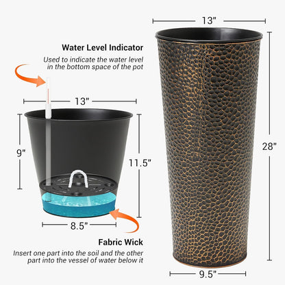 Worth Garden 2-Pack 28" H. Metal Planters with 2X Inside Pots - Hand-Hammered Texture Tall Narrow Cone Plant Pots - Large Handcrafted Bronze Flower Pot for Indoor Outdoor, Deck, Patio, Front Porch