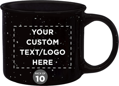 DISCOUNT PROMOS Custom Ceramic Campfire Coffee Mugs 13 oz. Set of 10, Personalized Bulk Pack - Perfect for Tea, Espresso, Cappuccino, Hot Cocoa - Black