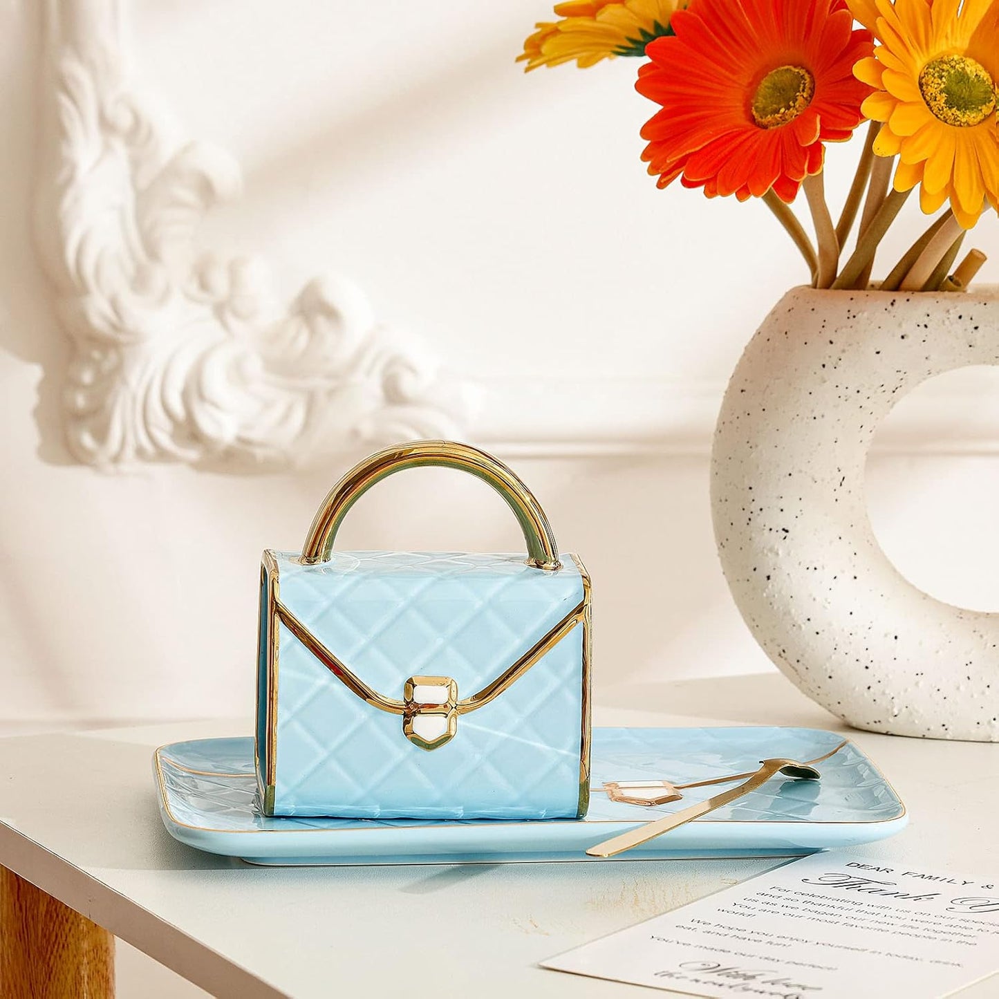 Zubebe 1 Set Coffee Mug Elegant Handbag Shaped Cup Modern Ceramic Purse Mug with Spoon and Saucer, 10oz Cute Creative Tea Cup for Office Home Woman Girls Gift (Blue)