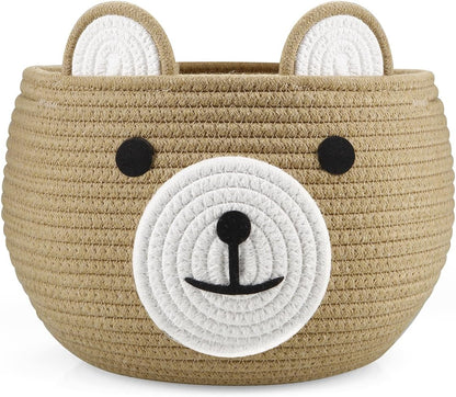 PandaEar Cotton Rope Baby Basket, Baby Gift Basket Nursery Laundry Organizer with Cute Bear Design for Storage Infant Newborn Essentials, Diaper Caddy with Handle (Brown)