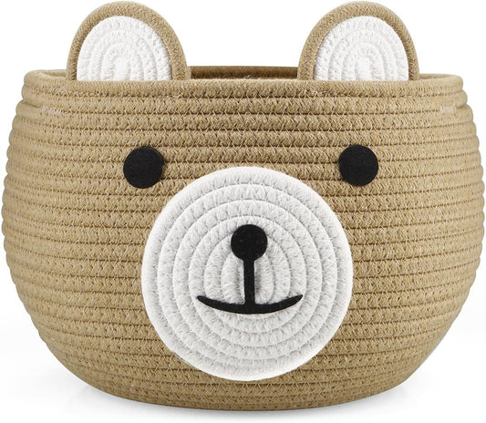 PandaEar Cotton Rope Baby Basket, Baby Gift Basket Nursery Laundry Organizer with Cute Bear Design for Storage Infant Newborn Essentials, Diaper Caddy with Handle (Brown)