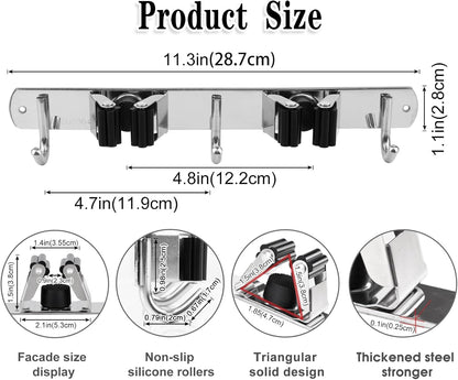 2 Racks and 3 Hooks Broom and Mop Holder Wall Mounted Garage Organizer Storage Tool Racks Stainless Steel Heavy Duty Hooks Self Adhesive Solid Non-slip Wall Hangers for Home Kitchen Garden Laundry
