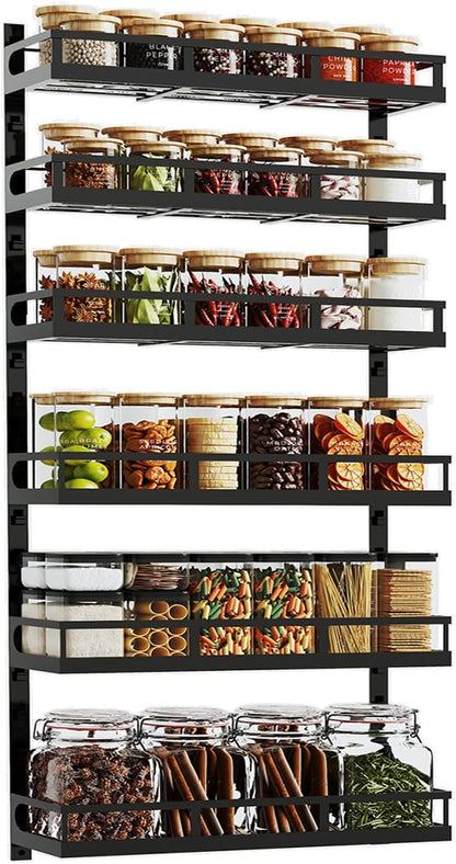 X-cosrack 6-Tier Wall-Mounted Spice Rack Organizer with Mixed Basket Sizes, Height-Adjustable Hanging Spice Shelf for Kitchen Pantry Cabinet, Large-Capacity Seasoning Holder, Black