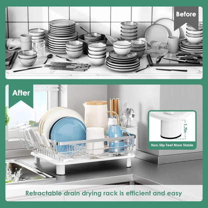 MOUKABAL Dish Drying Rack - Stainless Steel Dish Rack, Dish Racks for Kitchen Counter, Drying Rack Kitchen with Removable Utensil Holder, Drainboard and Glass Organizer (White)