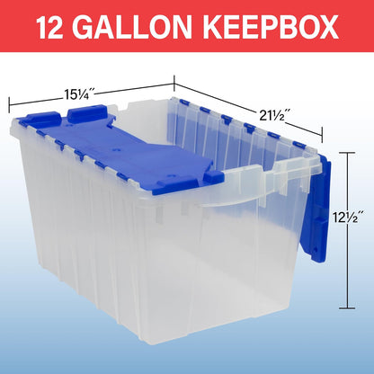 Akro-Mils KeepBox 12 Gallon Storage Container, Nesting and Stackable Plastic Storage Box with Lid Attached, Clear Tote for Garages, Closets, Moving, 21-1/2" x 15" x 12-1/2", Clear/Blue, Pallet of 48