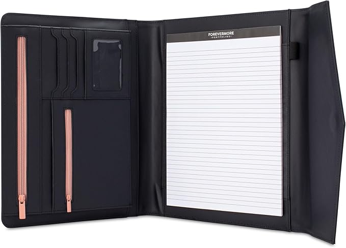 FOREVERMORE PORTFOLIOS Padfolio Binder Organizer for Women | Faux Leather Portfolio Folder for Resume, Documents, Notebook, Tablet and Business Cards | Notepad Included - Black