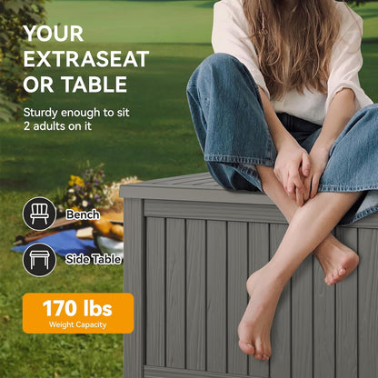 NUNU LAB 150 Gallon Outdoor Storage Box,Resin Large Sturdy Deck Box, Backyard Outside Storage Box Waterproof with Double Wall Panels,Package Delivery,Garden Outdoor Hose Bin