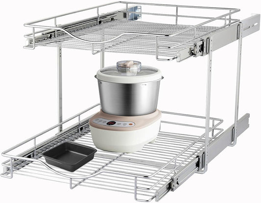DINDON 2 Tier Pull Out Cabinet Organizer (17" W x 18" D) Heavy-Duty Metal Sliding Drawer Shelf, Two Tier Pull Out Shelves for Kitchen Cabinets, Pantry, Bathroom, Chrome Finish