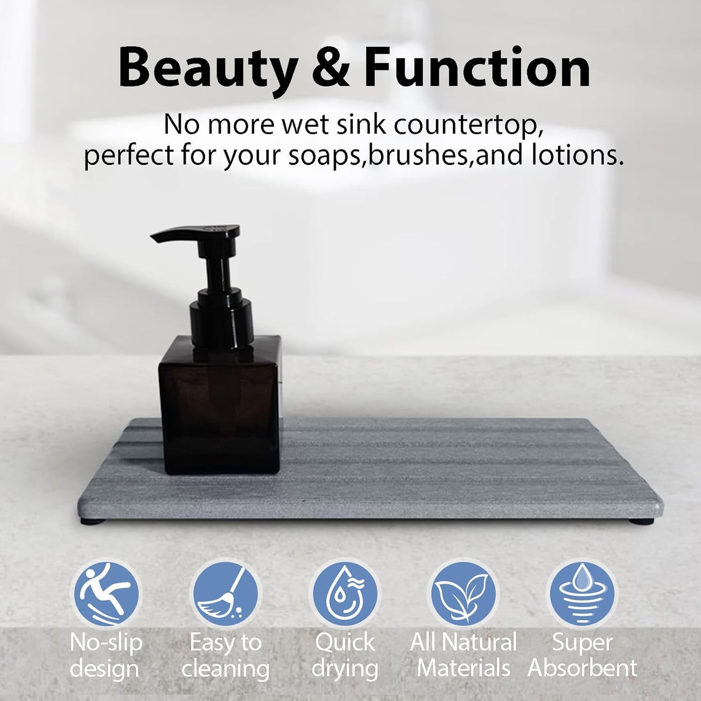 Diatomite Soap Dish, Water Absorbing Stone Tray, Kitchen Sink Organizer, Fast Drying Counter Holder (Grey, 9.5" x 4.7"/24 x 12cm)