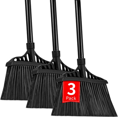 3-Pack Heavy Duty Broom, Commercial Broom with 55" Long Handle Outdoor Indoor, Industrial Brooms for Sweeping Garage Concrete Courtyard Patio Home Kitchen Office - All Black
