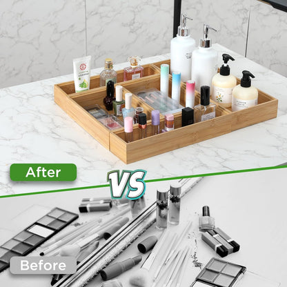 Bamboo Drawer Organizer, 2PCS Stackable Storage Boxes for Utensil Organizer, Wood Tray for kitchen, Bathroom and Bedroom 12" x 6" x 2"