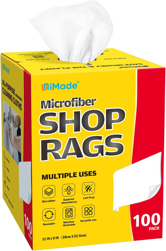 Shop Rags, 100 Sheets Microfiber Cleaning Cloth Commercial Grade Washcloths Lint-Free Bulk Shops Towels for Cars Mechanic Restaurant Garage Housekeeping, 11"x 9", White
