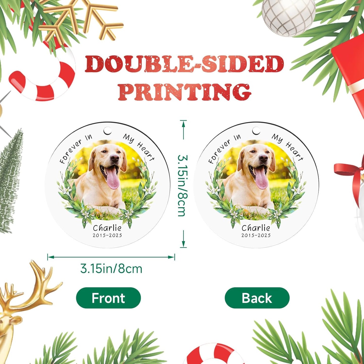 Personalized Pet Memorial Gifts, Forever in Our Hearts Photo Ornaments for Christmas Tree, Sympathy Remembrance Gifts for Loss of Dog Cat Pet