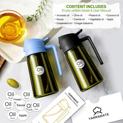 YARRAMATE 16oz/470ml Dark Green Oil Sprayer for Cooking with Stickers, Food-grade Premium 2 in 1 Olive Oil Dispenser Bottle for Kitchen Gadgets, Air Fryer, Salad, Frying, BBQ (SkyBlue)