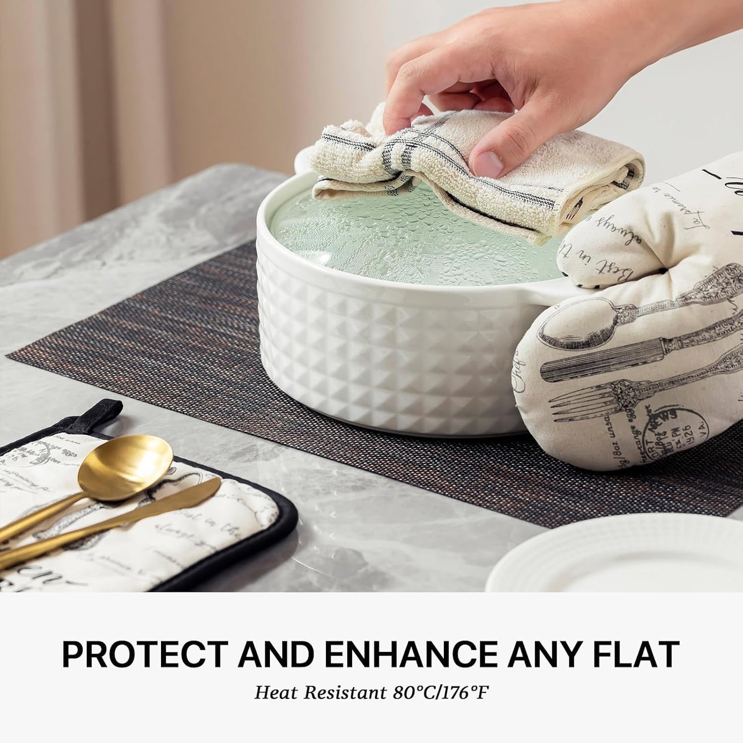 LEXMORE Placemats Set of 6 Vinyl/Plastic Woven Place Mats for Kitchen Table Indoor/Outdoor Washable Placemat Wipeable Dining Table Mats(A-Black/Brown)