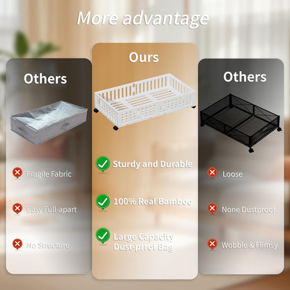 Bamboo Under Bed Storage with Wheels (2-Pack) – Rolling Underbed Shoe Organizer Box for Shoes, Blankets, Toys, Clothes Container Space-Saving Organizer Bins for Bedroom, Closet, Dorm, Nursery