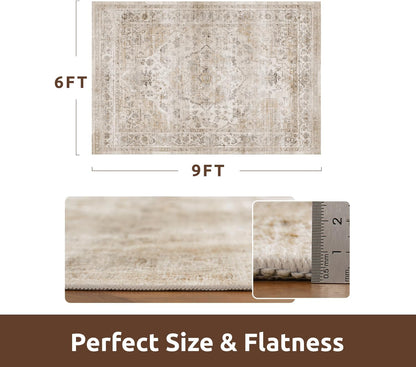 AMOAMI-Area Rug 6X9 Rugs for Living Room-Vintage Soft Beige Rugs for Bedroom-Non Slip Carpet-Machine Washable Rug for Dining Room Living Room Bedroom Office Under Table