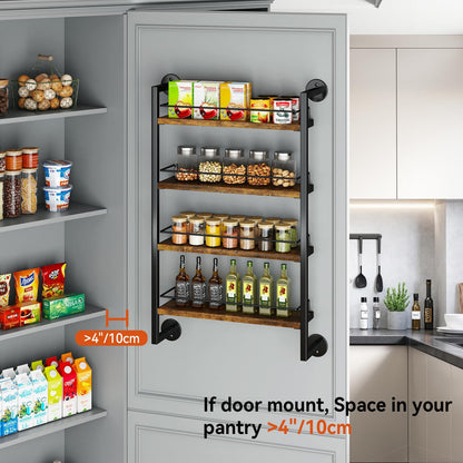 IBUYKE Spice Rack Wall Mount,4 Tier Hanging Seasoning Organizer,Large Spice Rack for Wall for up to 50 Jars,Spice Organization for Kitchen Cabinet,Bathroom,Pantry,Living Room,Brown TLJ016H