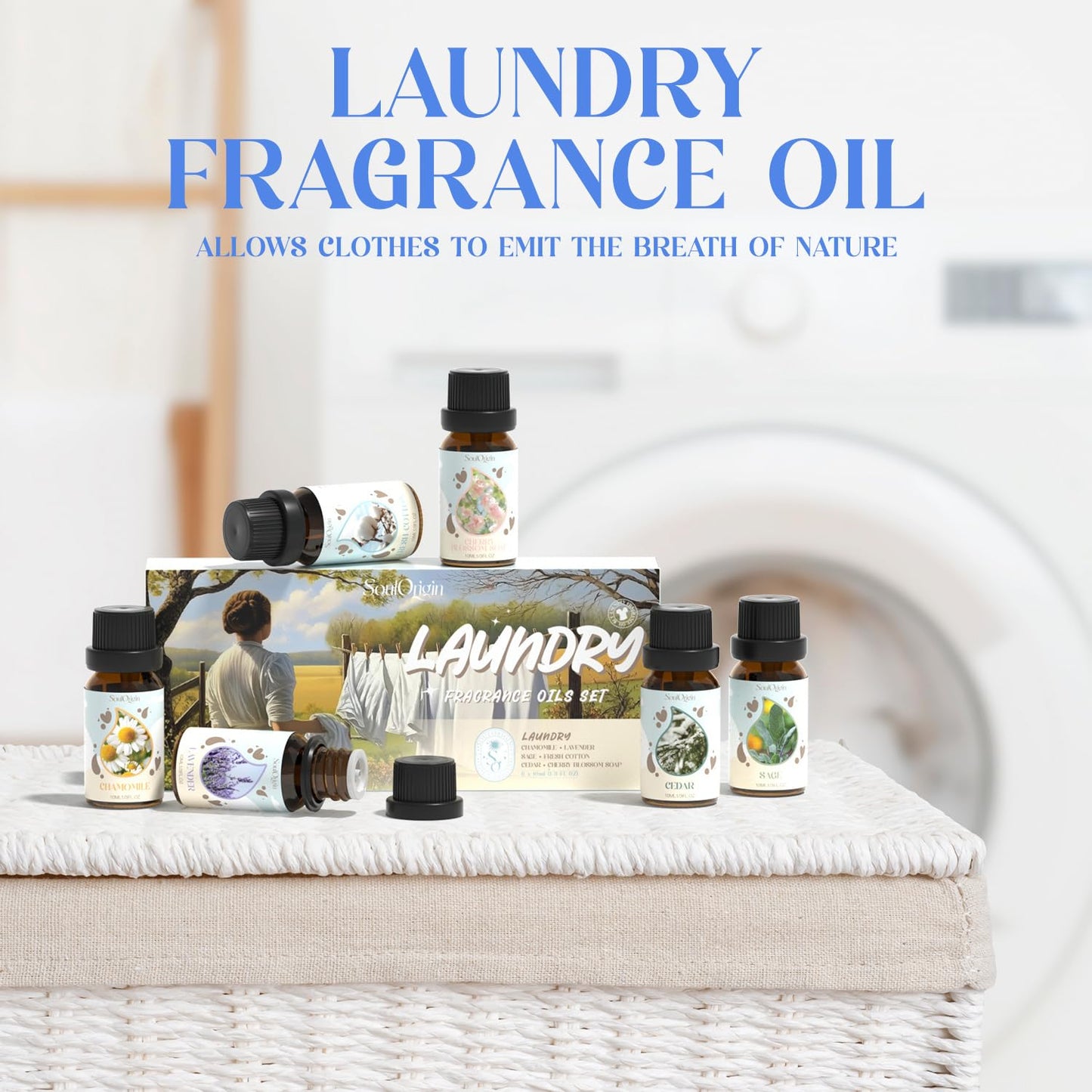 Laundry Fragrance Oils Set, Essential Oil for Diffuser, Aromatherapy Gift, Clean Scent Diffuser Oil, Use with Wool Dryer Balls,Chamomile, Fresh Cotton, Sage, Cedar, Lavender, Cherry Soap