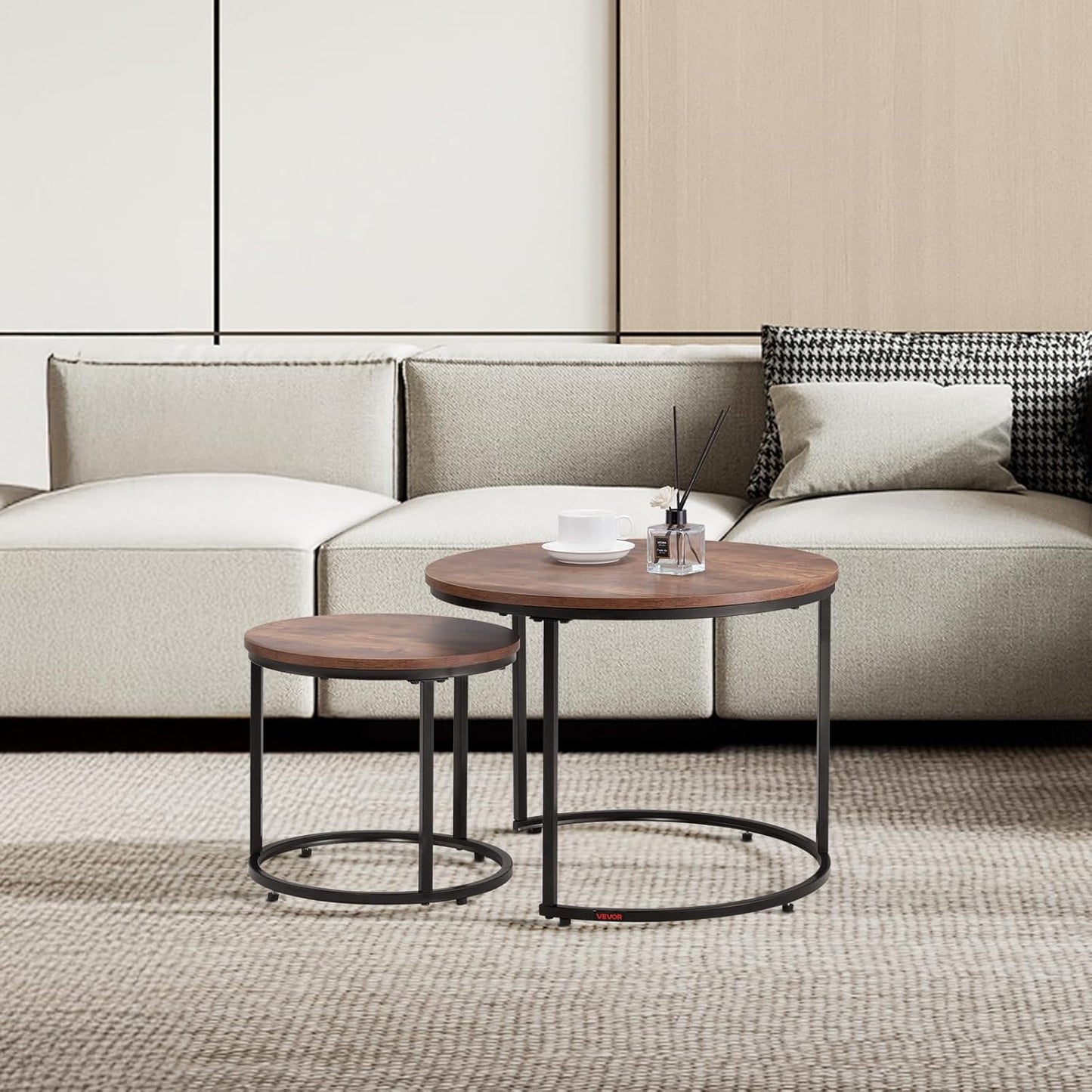 VEVOR Nesting Tables, Coffee Table Set of 2, 23.6 inch Round Coffee Table, Small Coffee Tables Night Stand with Metal Frame, for Living Room, Bedroom, Office (Brown & Black)