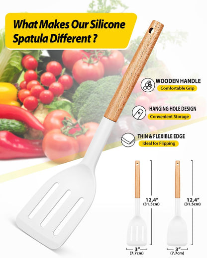 Pack of 2 Silicone Cooking Spatula, Heat Resistant Solid Turner, Non Stick Slotted Spatulas with Wooden Handle,Ideal Wood Kitchen Utensils Set for Frying, Baking, Flipping, Turning (WHITE)