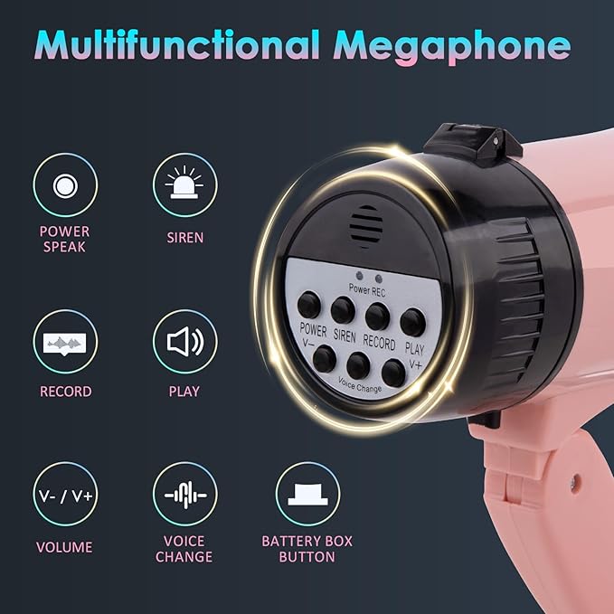 MyMealivos 20w Megaphone Speaker Portable Voice Changer Bullhorn with 6 Different Sound Effects & Built-in Siren and Record & Adjustable Volume Loud Speaker for Outdoor Sports, Party-Pink