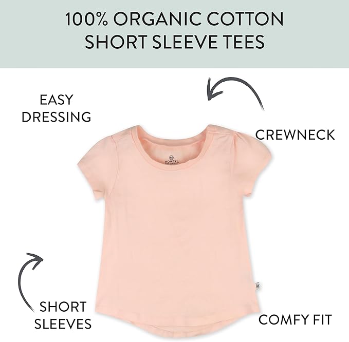 HonestBaby 5-Pack Short Sleeve T-Shirts 100% Organic Cotton Baby, Toddler, Little Kid, Boy, Girl, Unisex