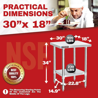 DuraSteel 30x18 Small Stainless Steel Table - NSF Commercial Kitchen Island Food Prep Worktable - Metal Side Mixer Stand with Under Shelf - For Laundry Room, Kitchen, Outdoor Grill, Tiny Spaces