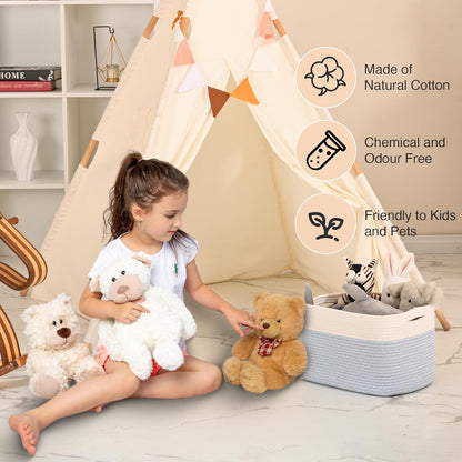 Woven Cotton Rope Storage Basket for Organizing, Cute Decorative Baskets for Gifts Empty, Organizer Bins for Dog Toy, Baby Laundry, 15“×11”×9.5“, Off White & Blue