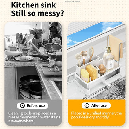 Sponge Holder for Kitchen Sink,Sink Caddy Organizer with Removable Brush Holder,Kitchen Countertop Soap Dispenser Storage with Detachable Towel Rack,White