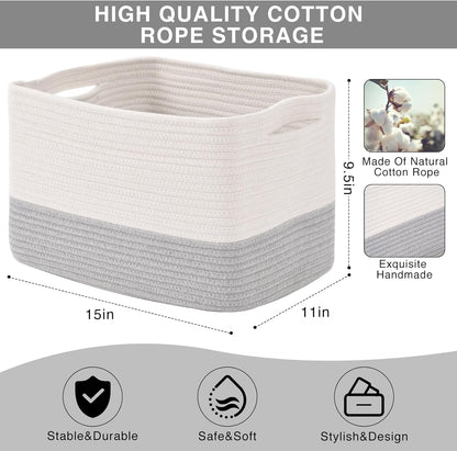 Storage Baskets for Organizing Shelves, Woven Cotton Rope Bins for Baby Nursery Organization, Book Toy Towel Organizer, 15"x11"x9.5", 3 Packs, Off White & Grey