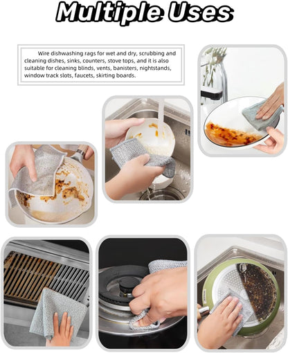 Stainless Steel Scrubber and Cleaning Rags - Non Scratch Wire Dishcloth for Washing Dishes, Steel Wool Scrubber and Dish Towels for Kitchen (6PCS)