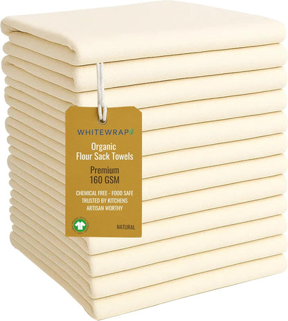 WHITEWRAP Flour Sack Towels| Tea Towel for Crafts| Kitchen Dish Cotton Blank Towel for Embroidery| Baking Bread Proofing Linen Cover| Thick Absorbent Quick Dry| 12Pack 28"x28" Natural
