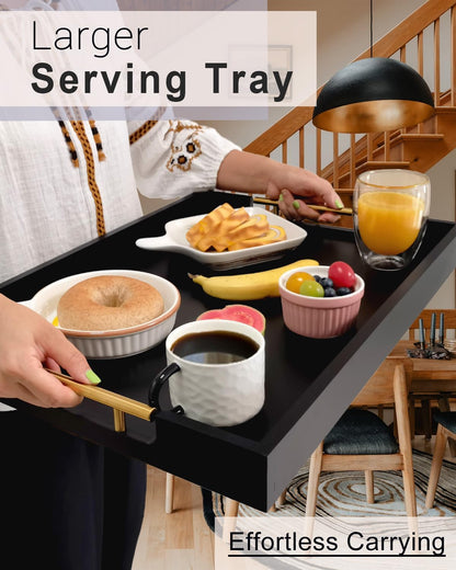 22 Inch Rectangle Black Ottoman Tray with Gold Metal Handles, Extra Large Wooden Serving Tray for Living Room, Coffee Table, Kitchen & Hosting