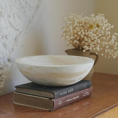 Hand Carved Wooden Decorative Bowl for Home Entryway Decor, Wood Centerpiece Bowl for Coffee Table Decor, Wood Dough Bowl for Farmhouse Decor (Whitewashed)