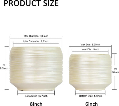 8 Inch + 6 Inch Ceramic Plant Pots Indoor with Drainage – Flower Pot Set, Decorative Indoor Planters for House Plants and Garden Use