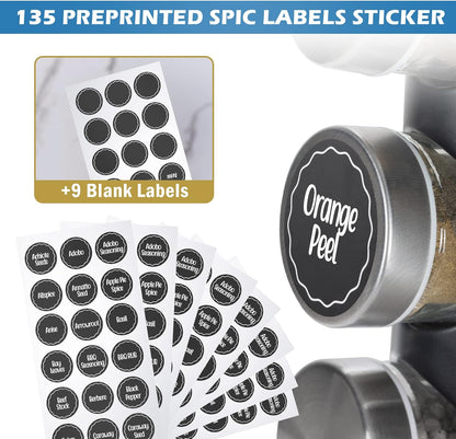 Black Countertop Rotating Spice Rack, 16-Jars Revolving Spice Rack Organizer Tower, 135 Spice Labels with Funnel Complete Set, Seasoning Organizer for Kitchen Countertop, Cabinet