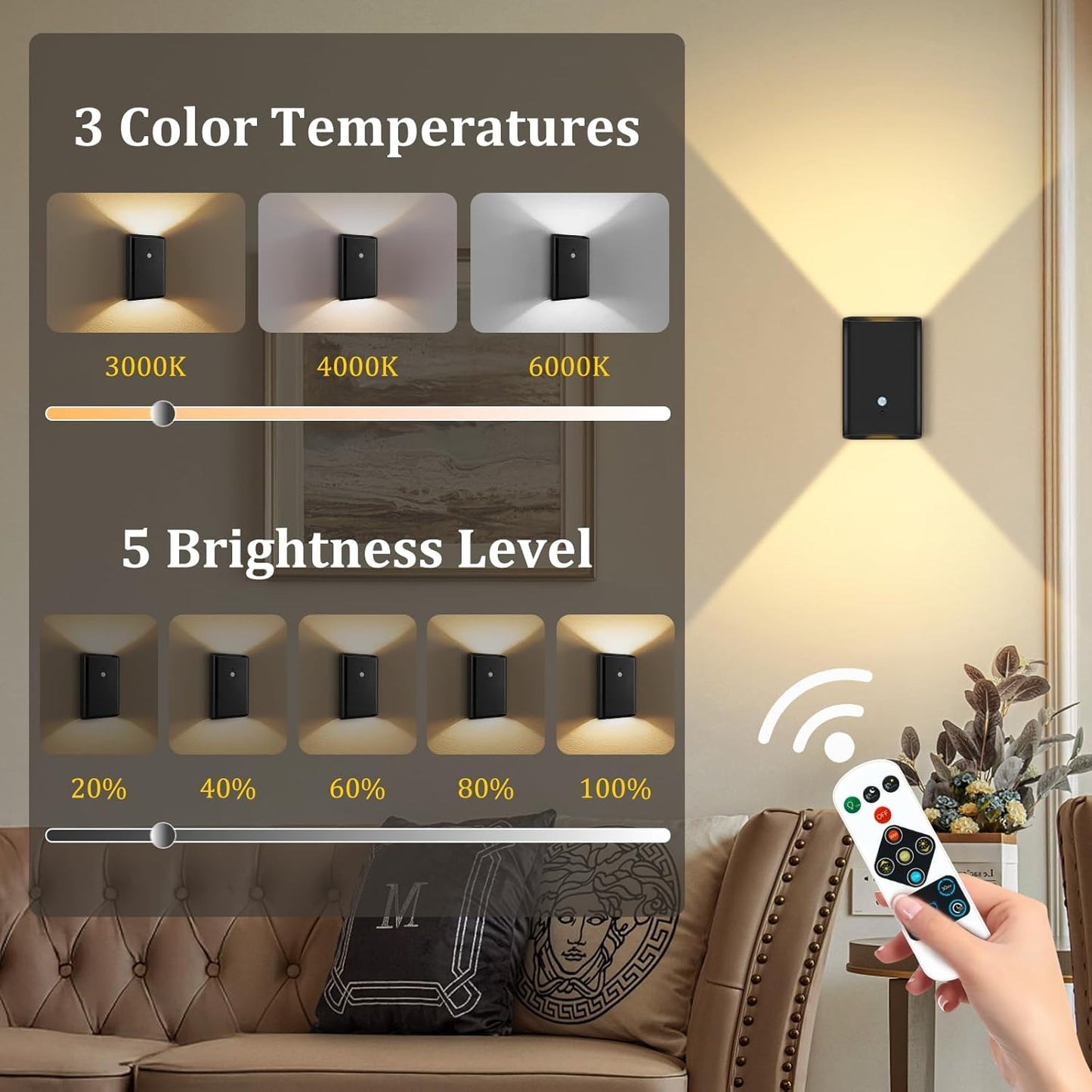 Battery-Operated Motion Sensor Wall Light: 5000mAh Rechargeable Wall Sconce Set of 2 Motion Sensored Closet Light Magnetic Stair Lights Indoor Wireless Wall Sconces Night Light for Bedroom Hallway