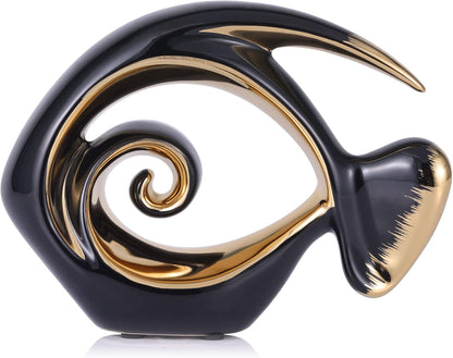 Black Gold Ceramic Fish Figurines - Coastal Home Decor, Modern Ocean Centerpieces for Living Room, Dining Area, Bathroom, Office, Coffee Table, Beach House, Nautical, Seaside, Entrance, Shelf Display